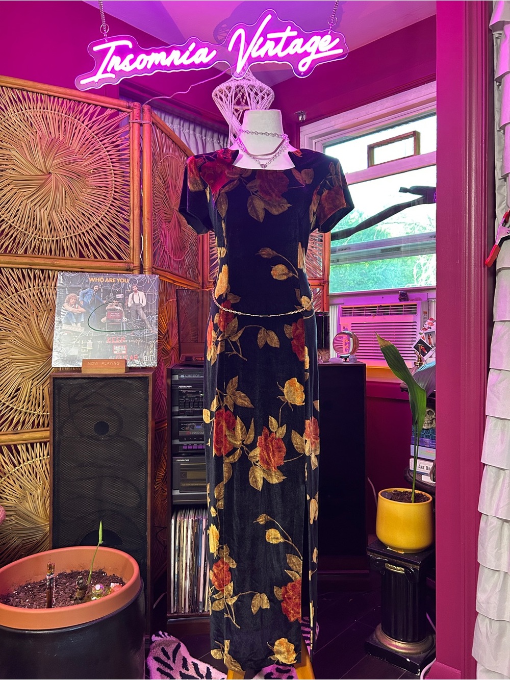 Scarlett 90s Black Velvet Maxi Dress with Red & Yellow Floral Print